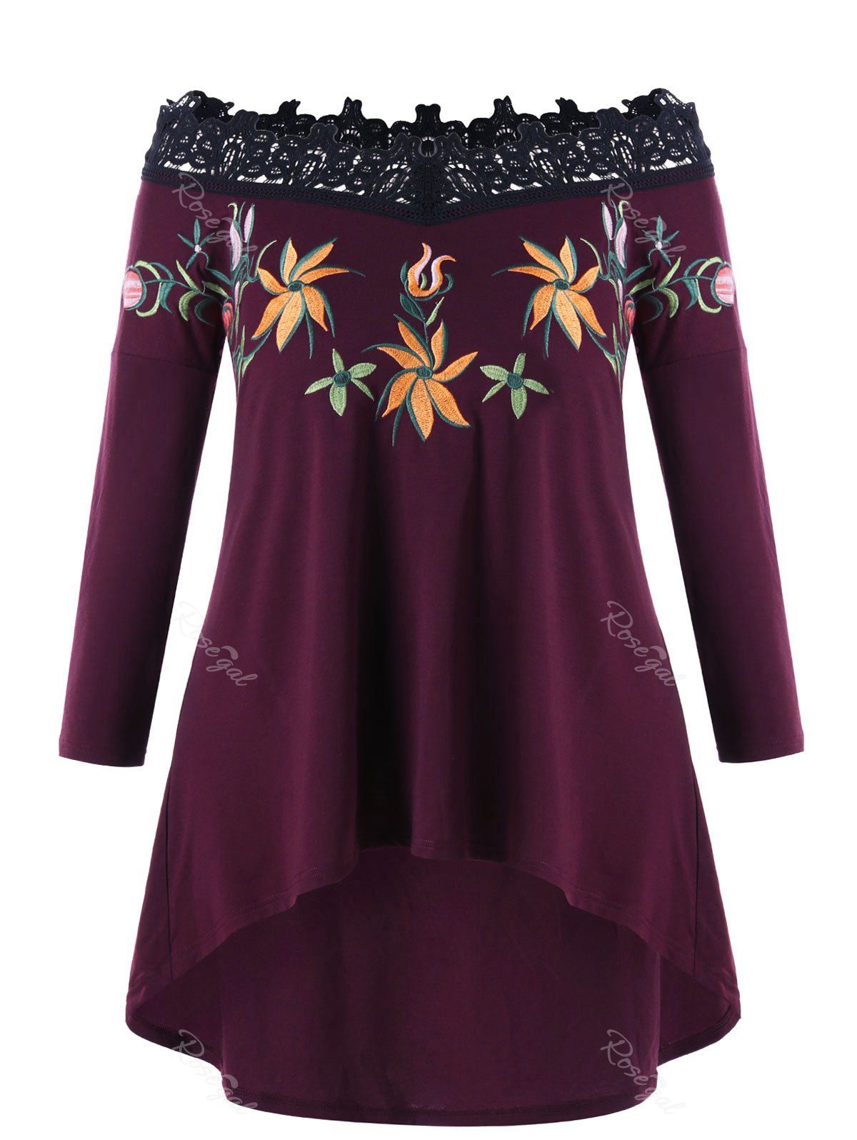 

High Low Plus Size Embroidery Off Shoulder Top, Colormix