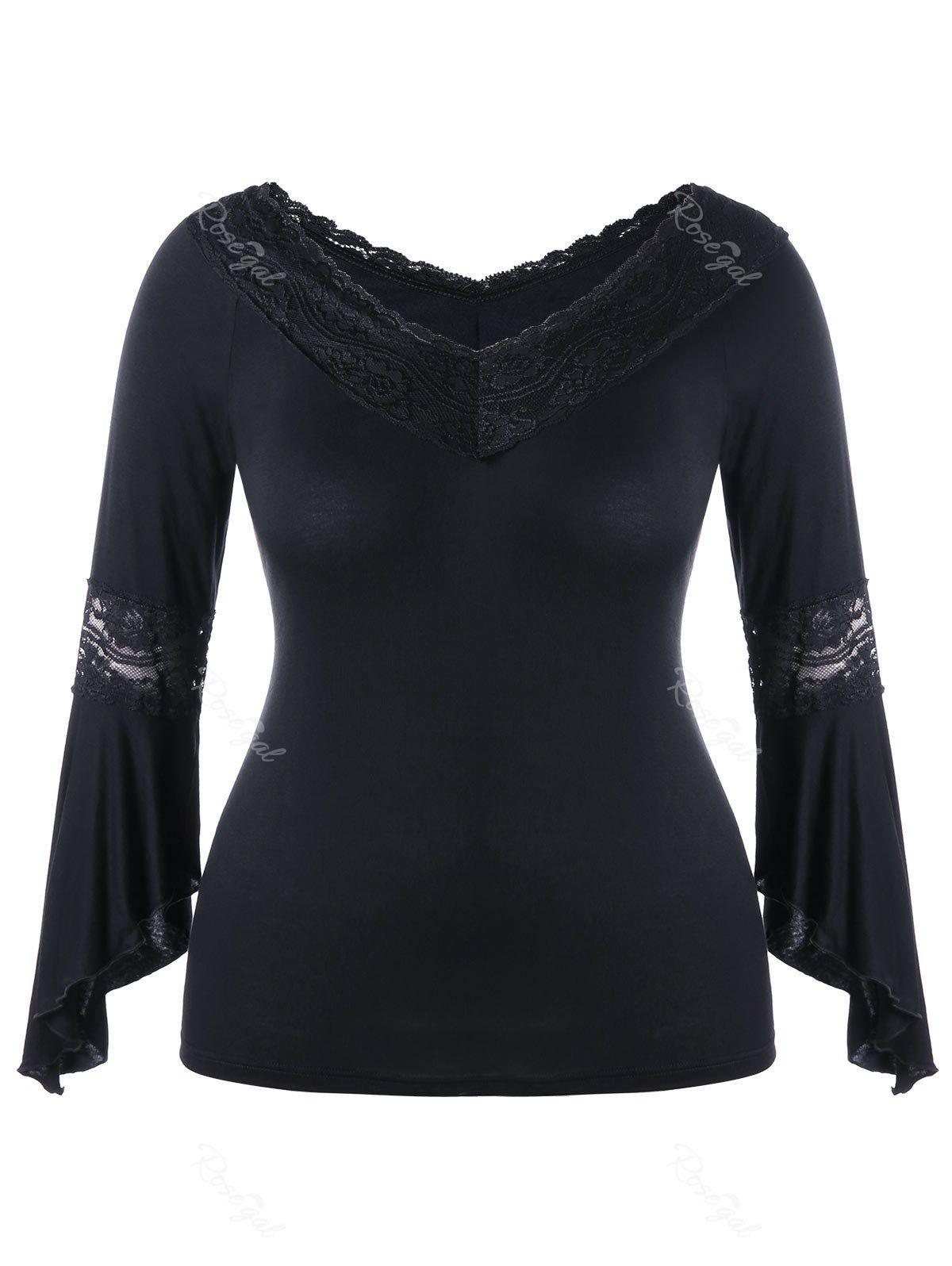 

Lace Insert Bell Sleeve Plus Size T-shirt, Black