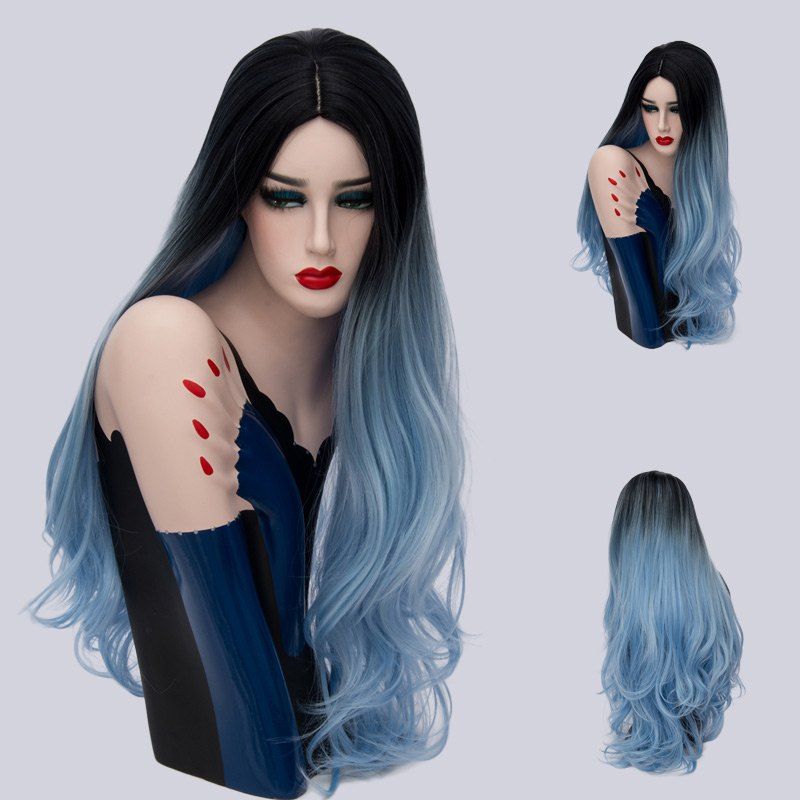 

Long Cen Part Ombre Layered Wavy Synthetic Wig, Blue and black