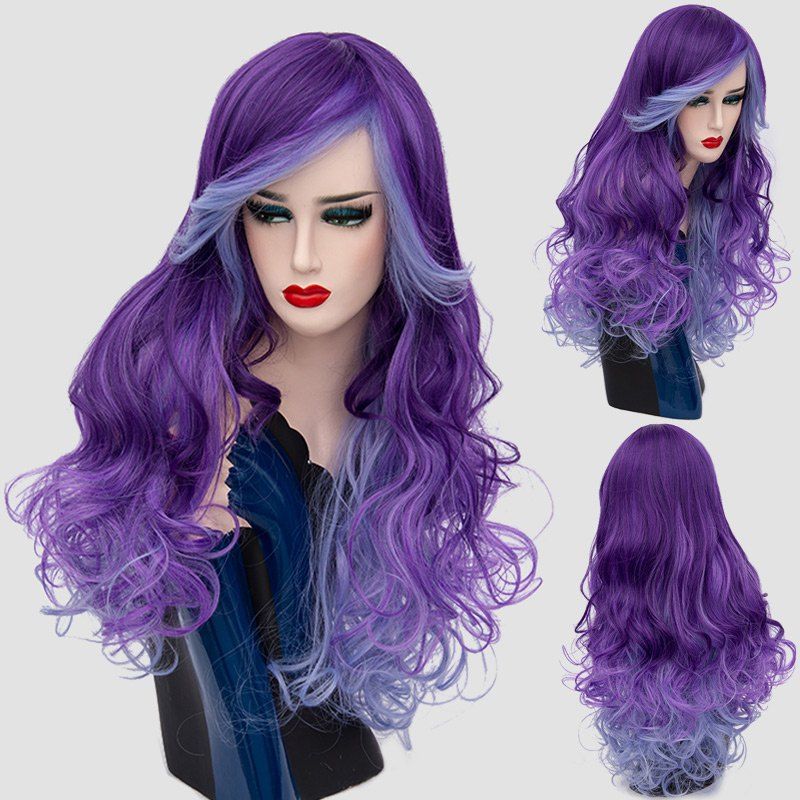 

Long Side Bang Colormix Layered Shaggy Curly Synthetic Wig, Purple