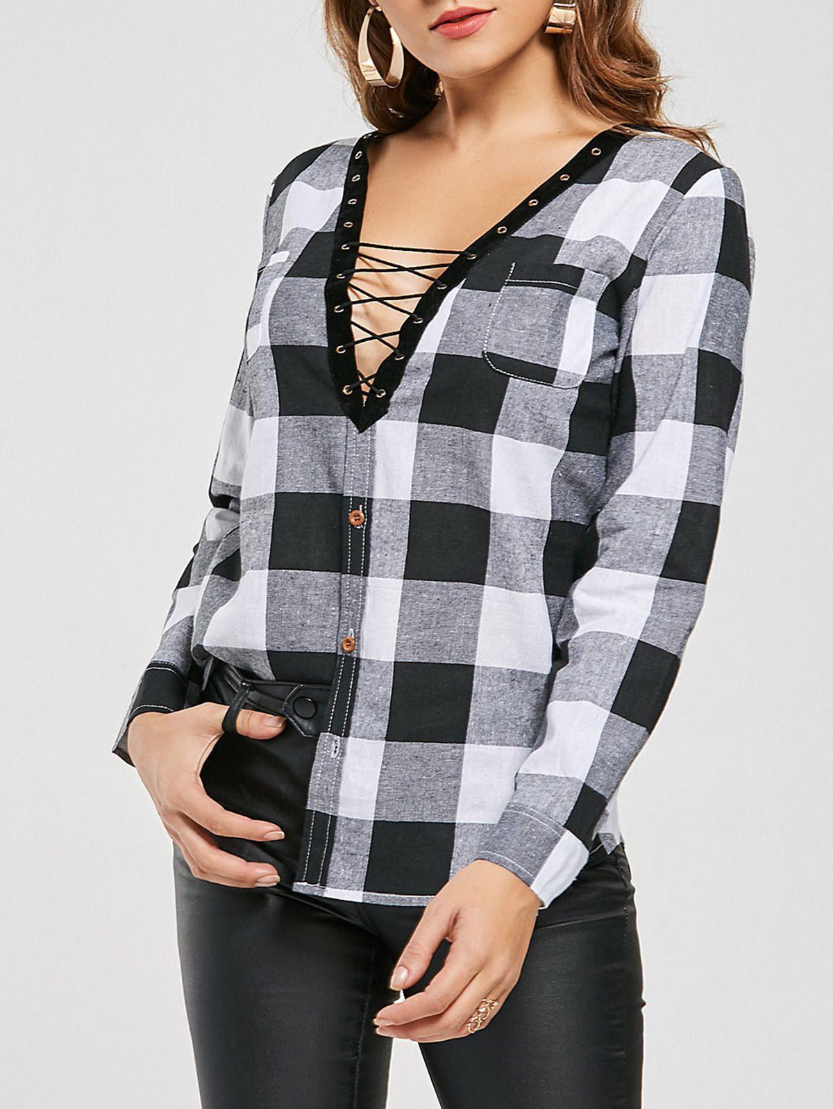 Criss Cross Long Sleeve Plaid Shirt [11% OFF] | Rosegal