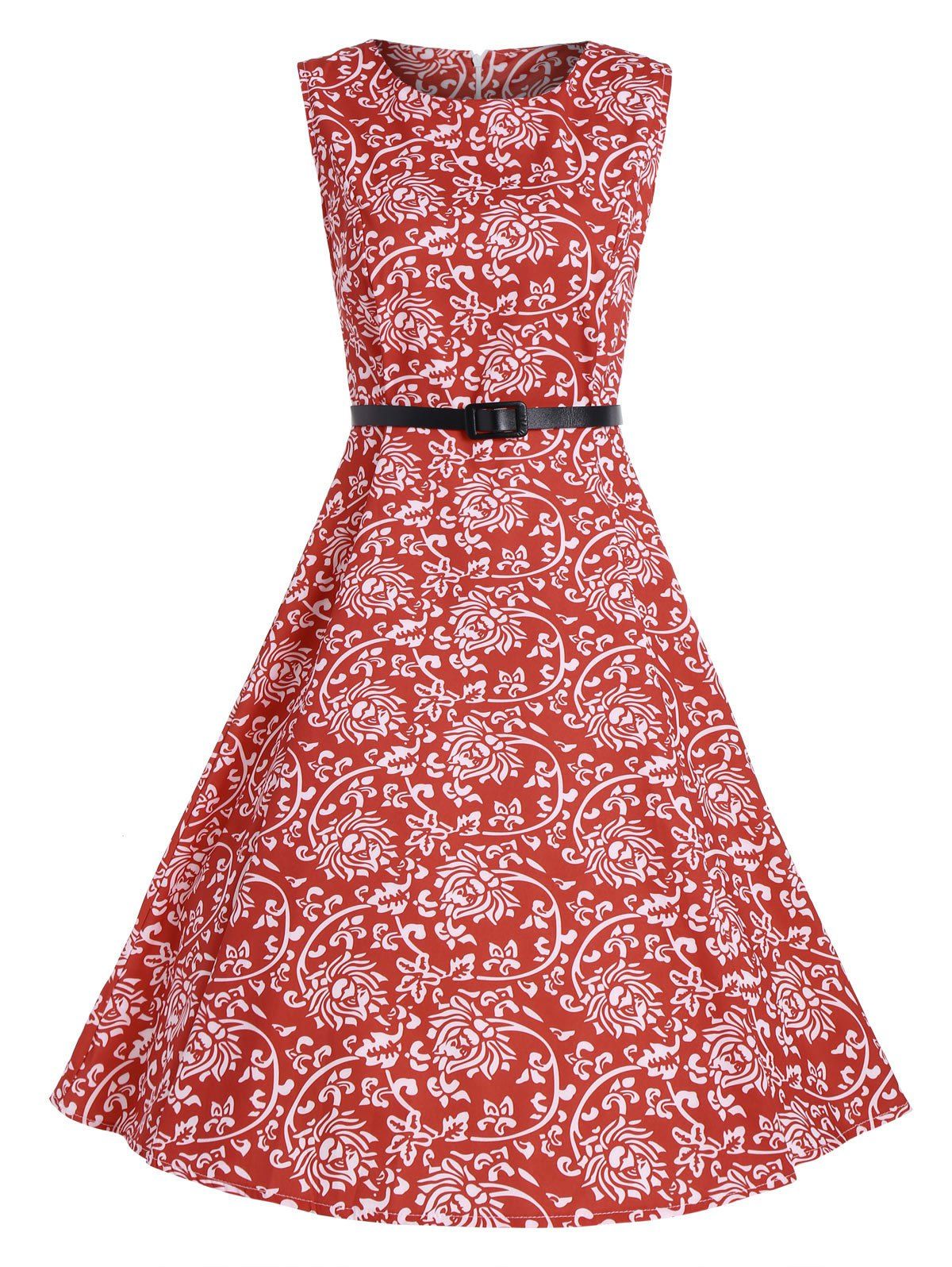 

Print A Line High Waist Party Vintage Dress, Red
