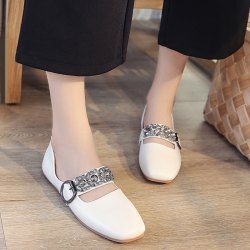 Square Toe Rhinestone Buckle Strap Flats