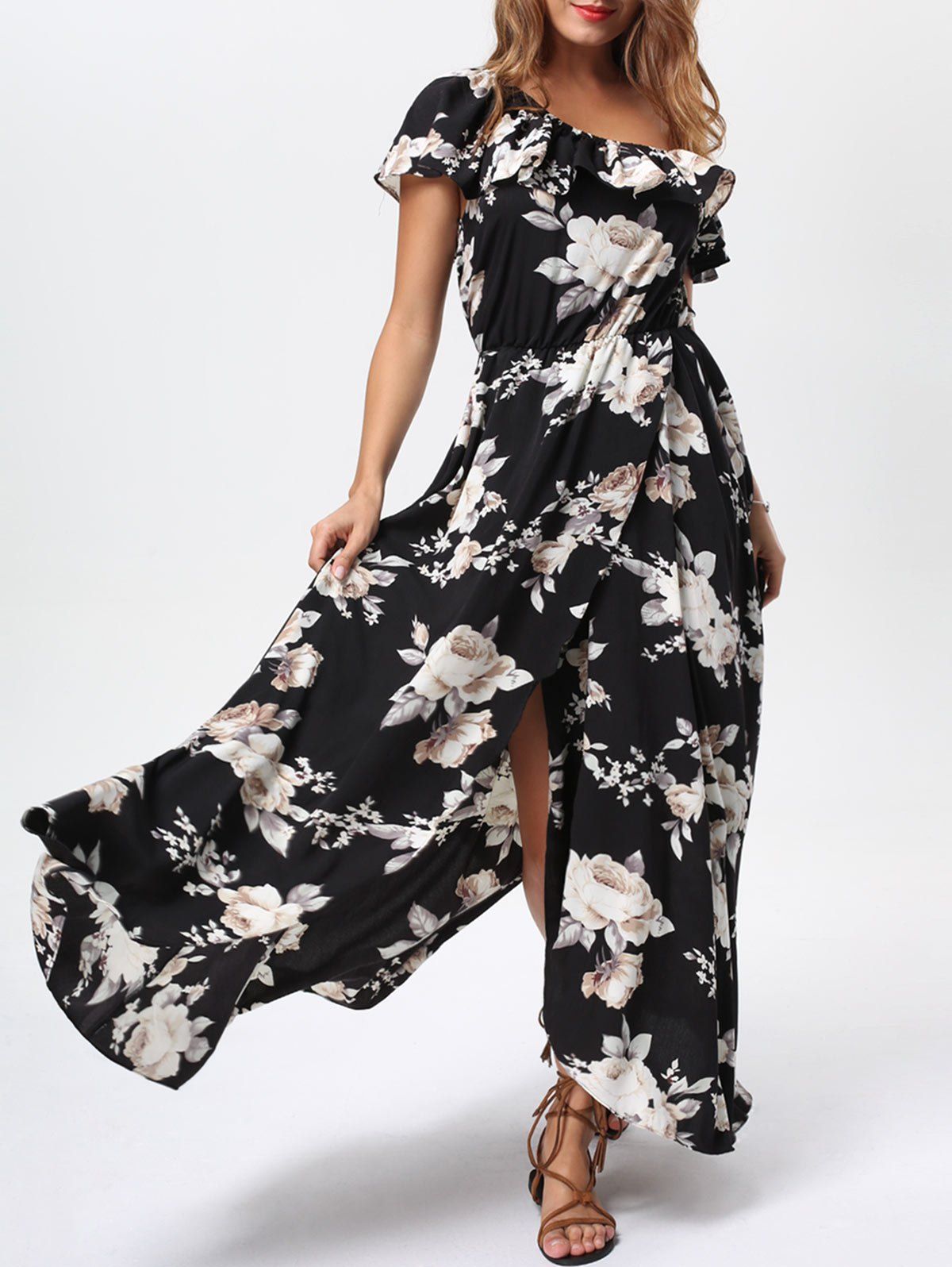 [53% OFF] Floral Flounce Slit Maxi Dress With Short Sleeves | Rosegal