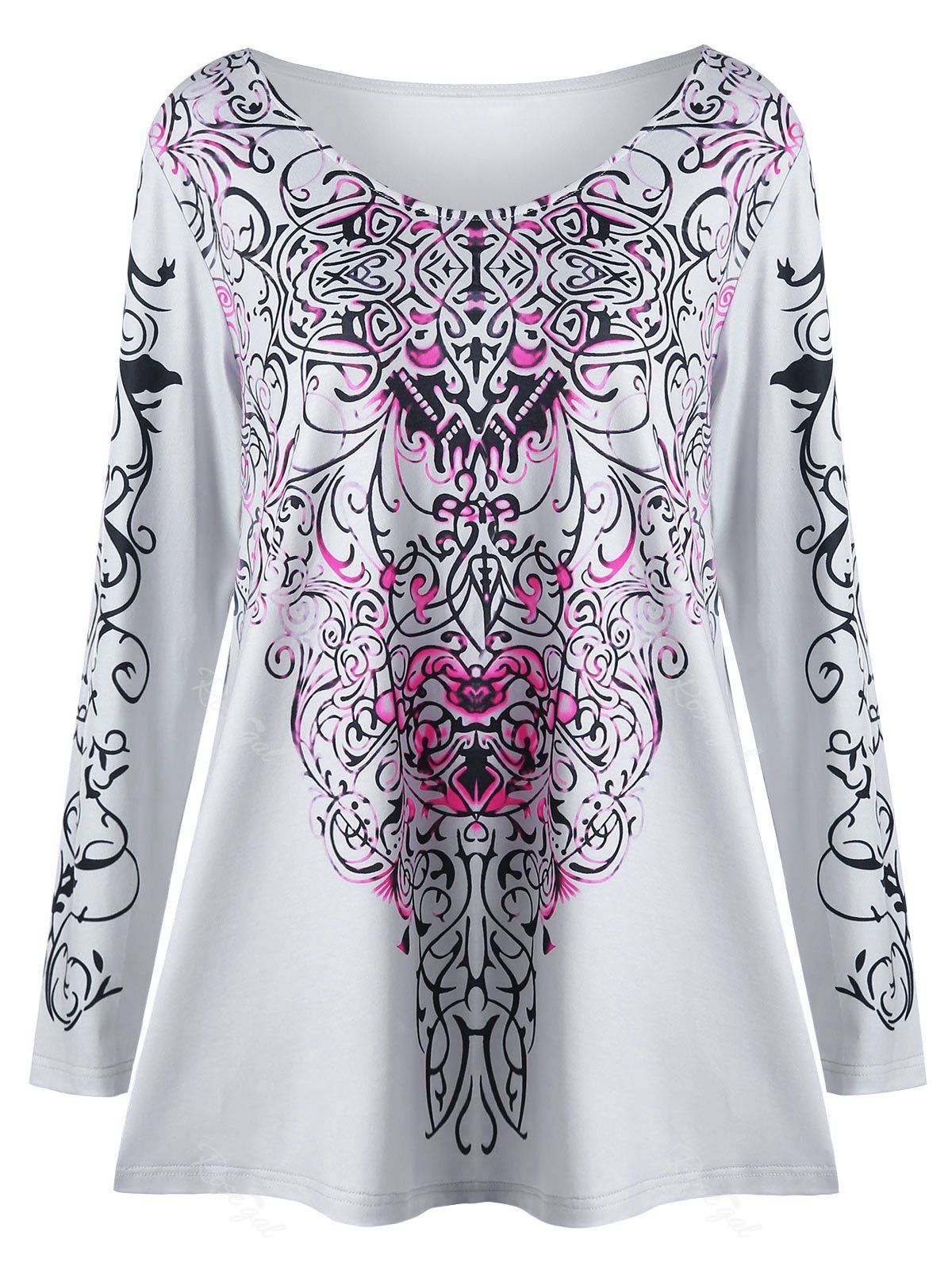 

Plus Size Bandana Floral Long Sleeve Tee, Rose red
