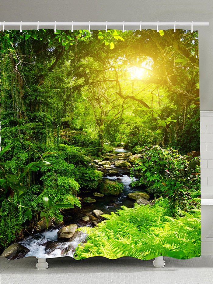 

Forest Stream Sunlight Waterproof Shower Curtain, Green