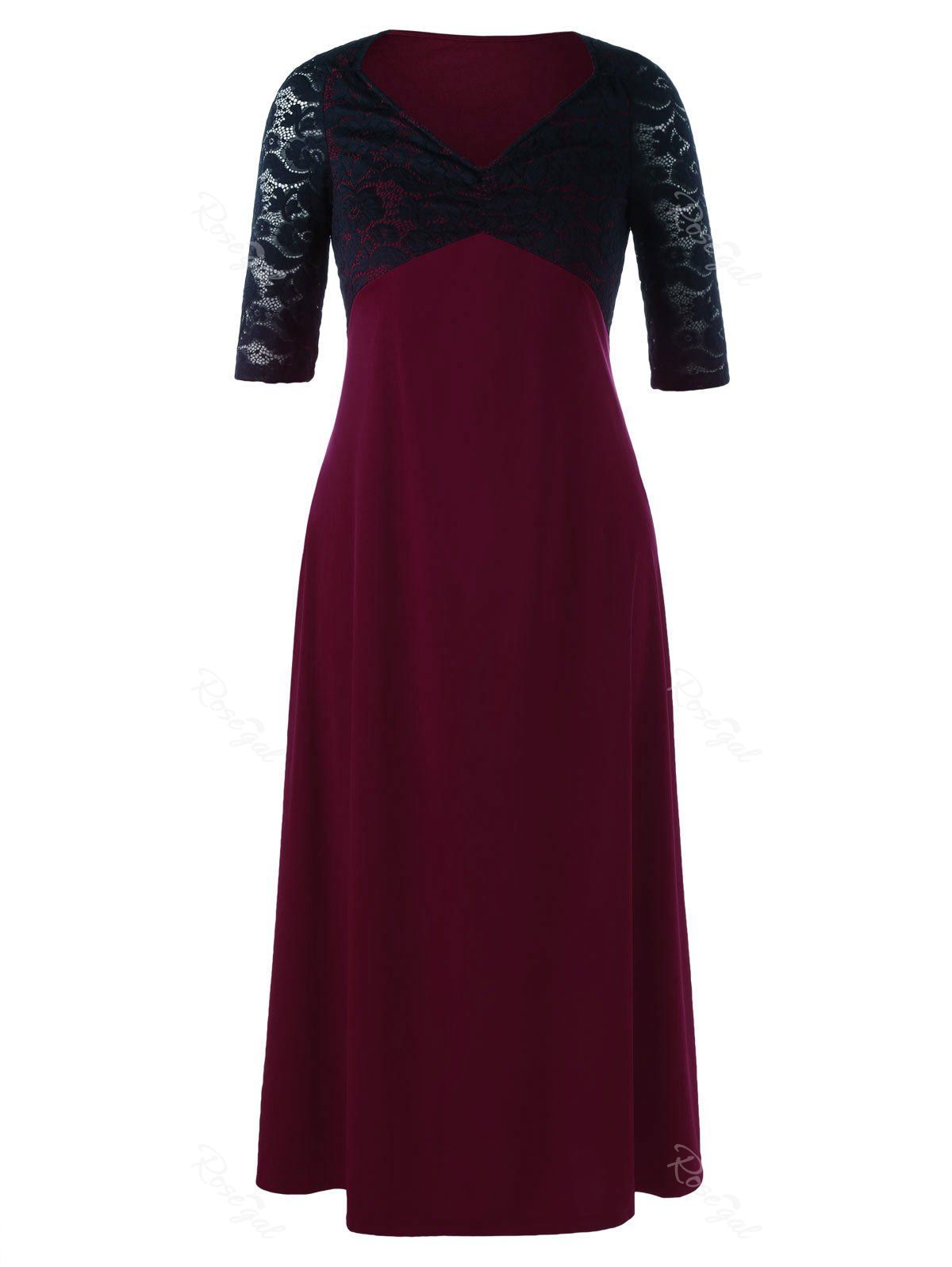 

Plus Size Lace Yoke Two Tone Maxi Dress, Red with black