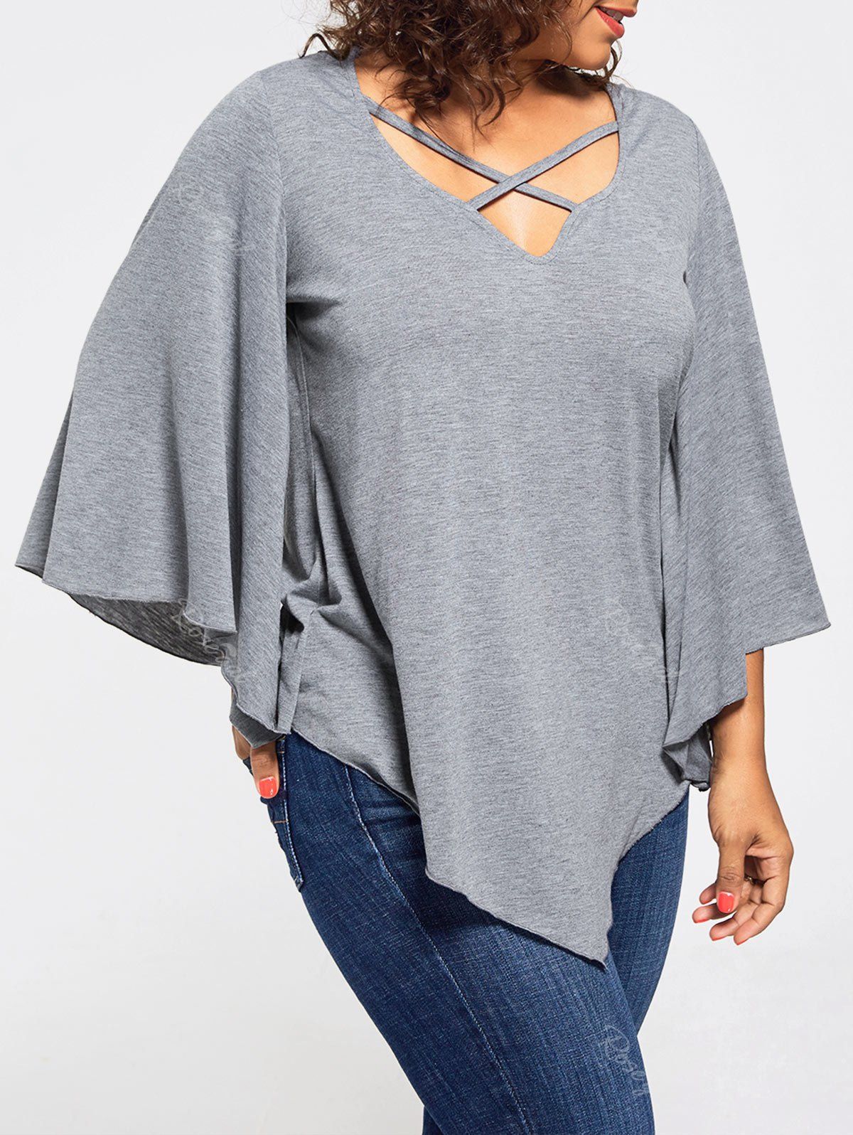 

Lace Insert Batwing Sleeve Plus Size Blouse, Gray