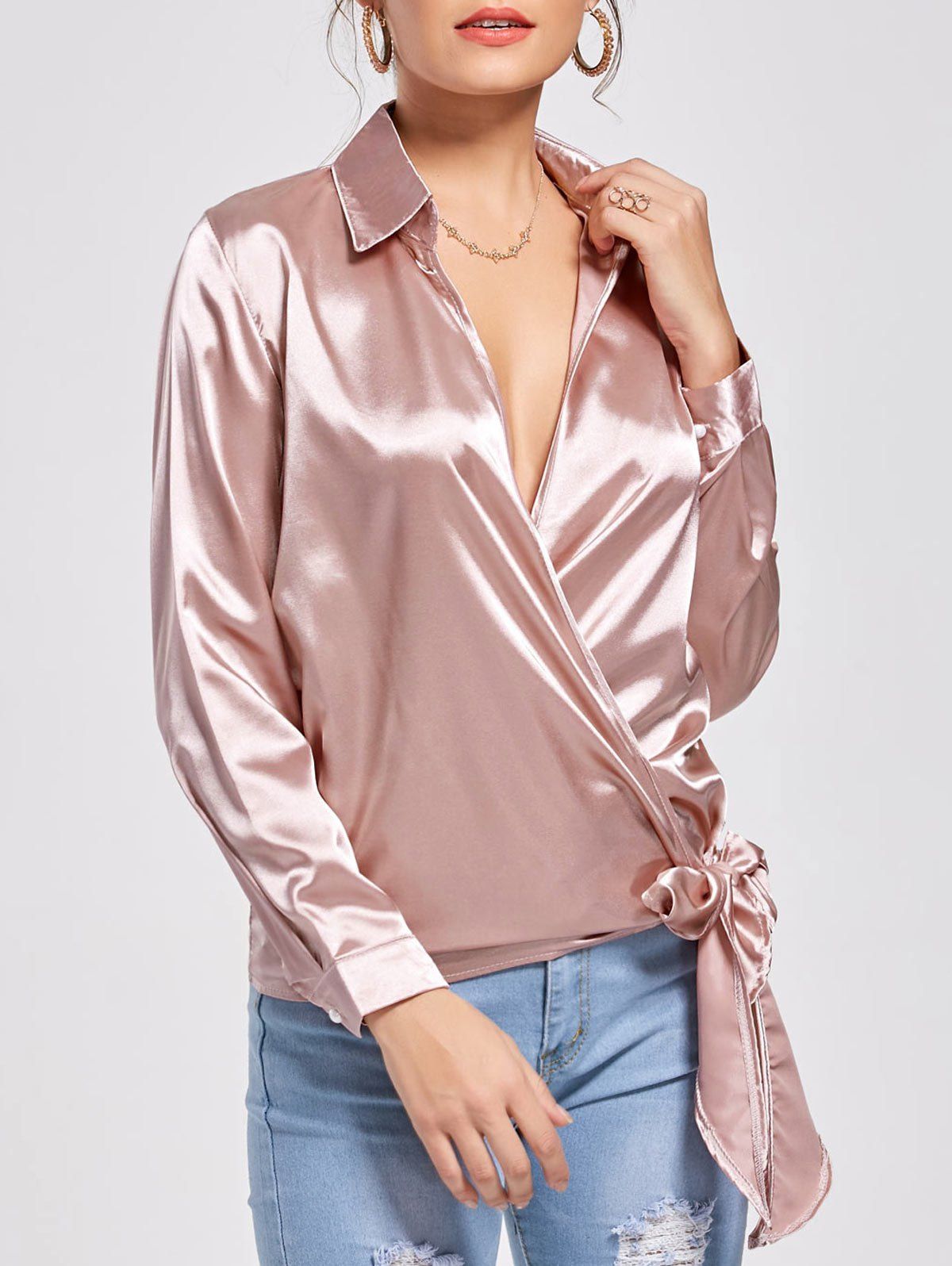 [22 OFF] Self Tie Casual Wrap Blouse Rosegal