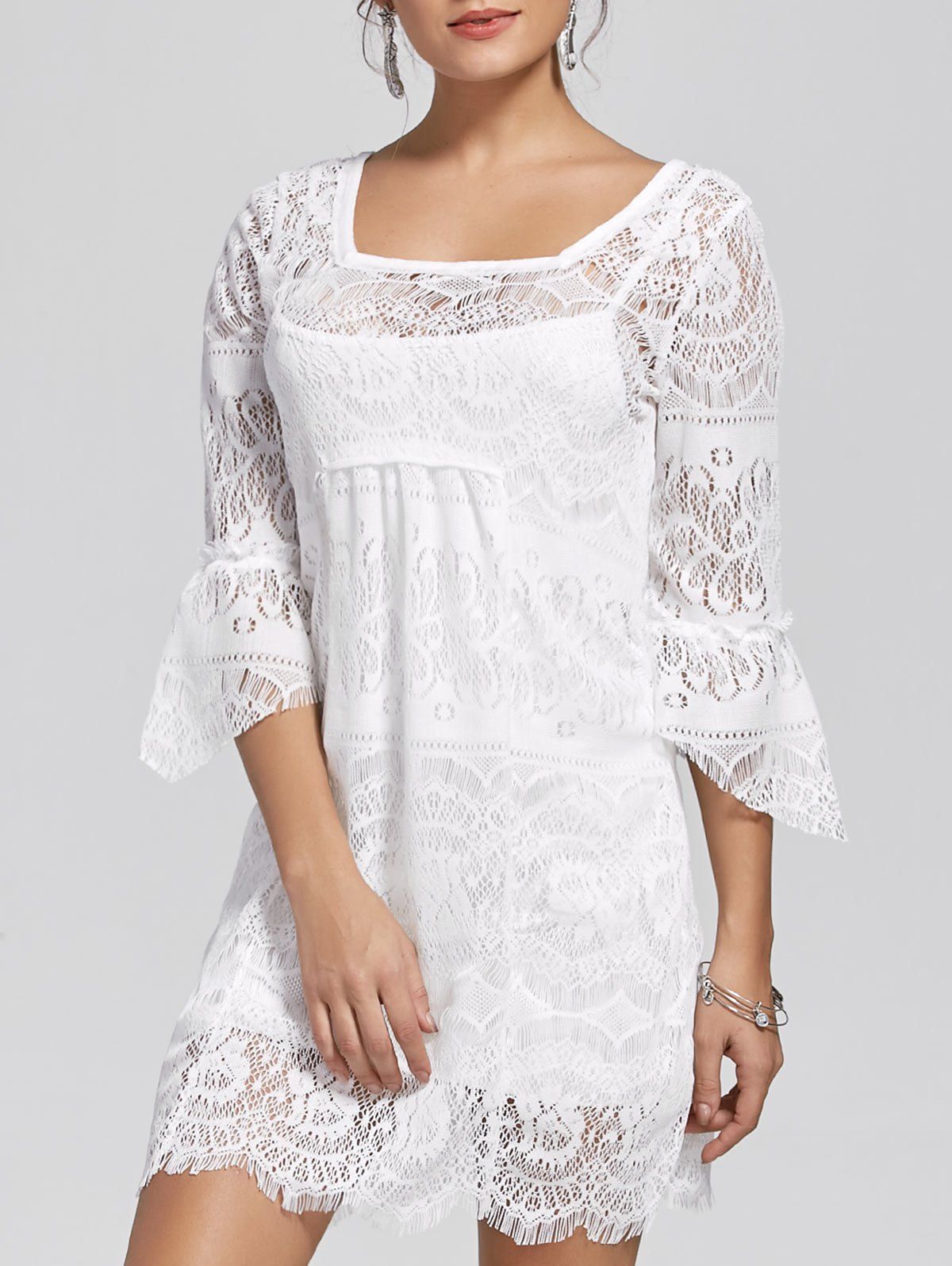 2018 Square Neck Lace Mini Dress In White M | Rosegal.com