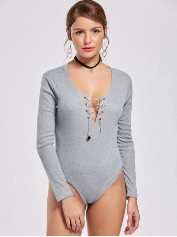 Sexy Solid Color Alloy Lace-Up Long Sleeve Knitted Bodysuit For Women
