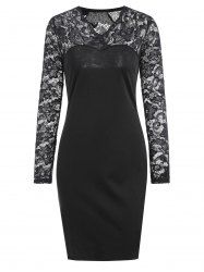 Black S V Neck Lace Trim Long Sleeve Bodycon Dress | RoseGal.com