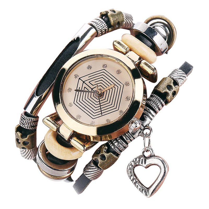 

Heart Charm Layered Rhinestone Bracelet Watch, Black