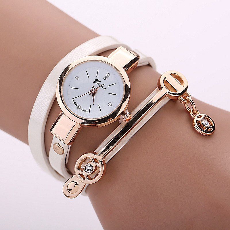 

Faux Leather Strap Round Wrap Bracelet Watch, White