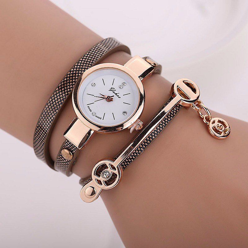 

Faux Leather Strap Round Wrap Bracelet Watch, Brown