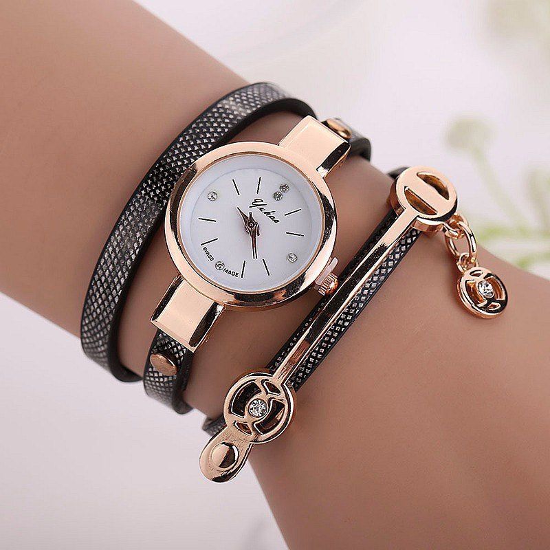 

Faux Leather Strap Round Wrap Bracelet Watch, Black