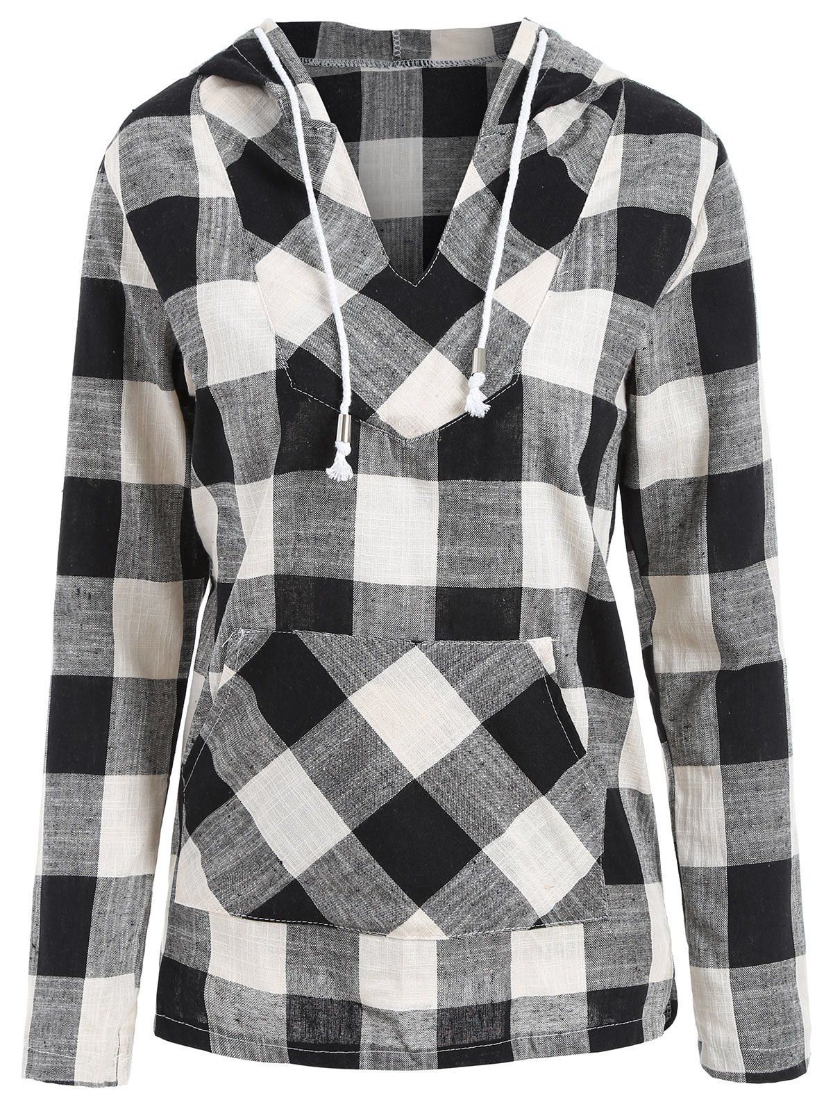 plaid panel kangaroo pocket hoodie