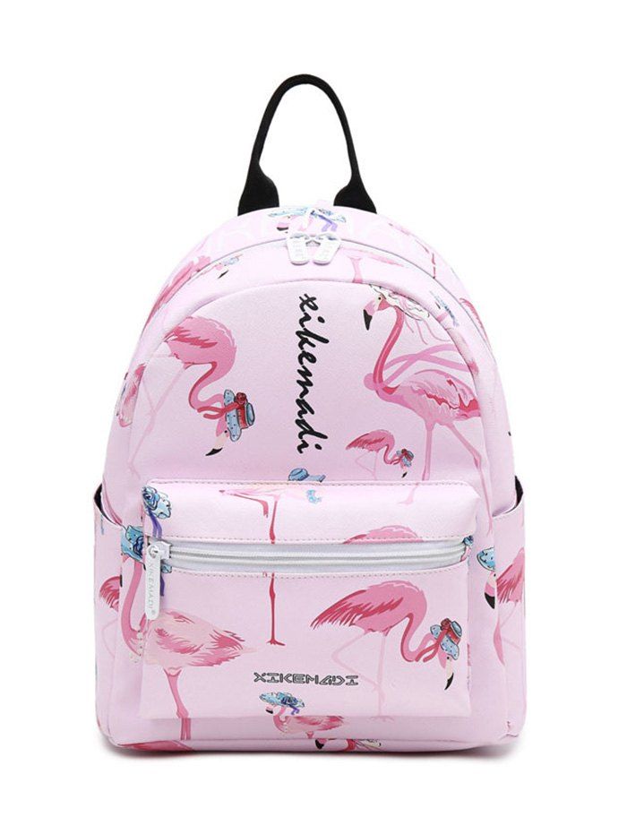 

Flamingo Print Faux Leather Backpack, Pink