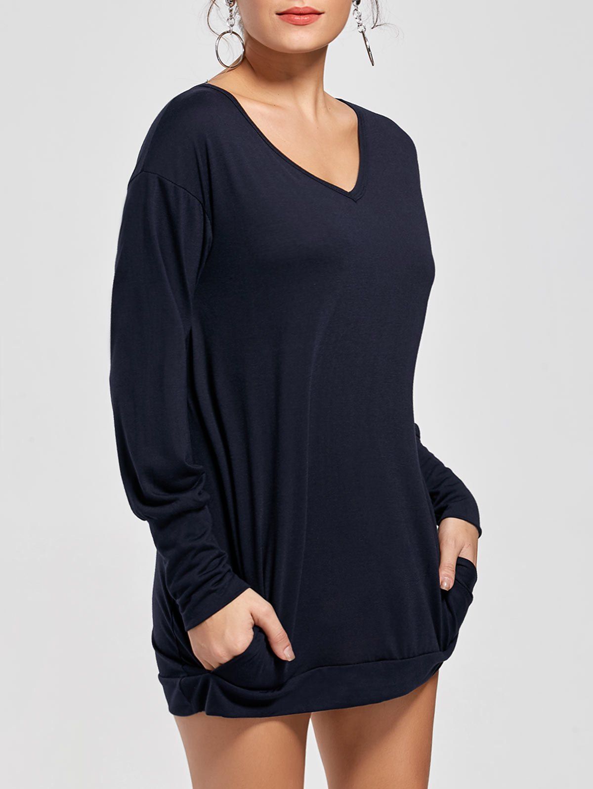 2019 Long  Sleeve  Short  Tunic T shirt  Dress  In Deep Blue Xl 