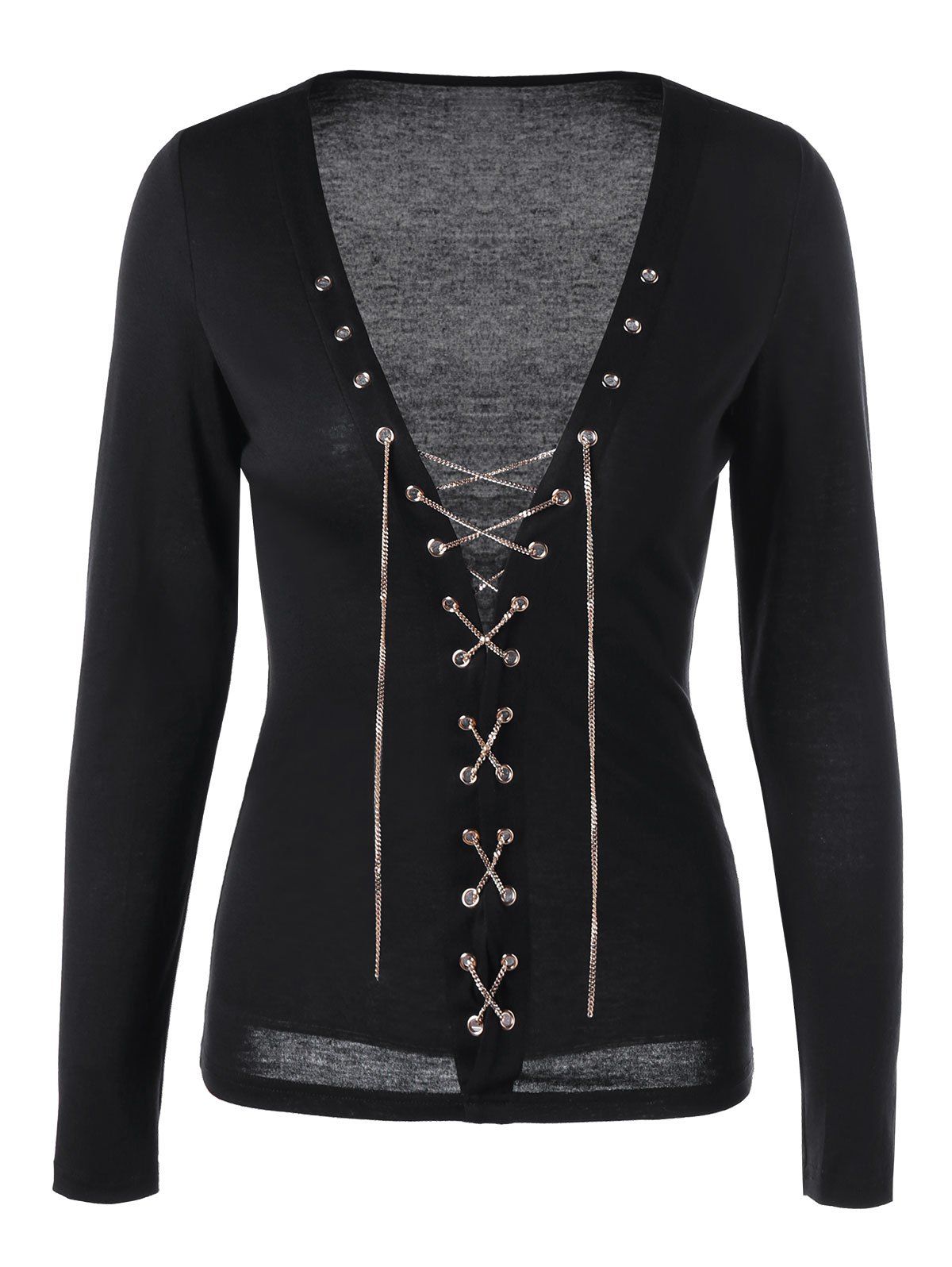 

Lace Up Chains Plunge Top, Black