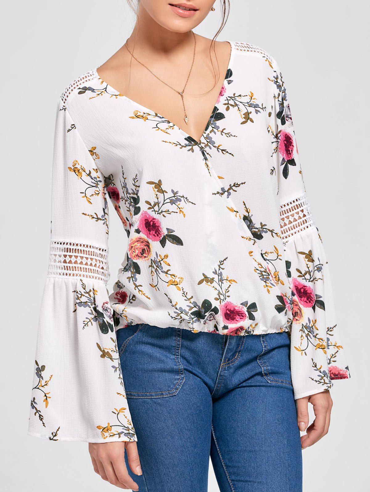 

Floral Flare Sleeve Blouse, White