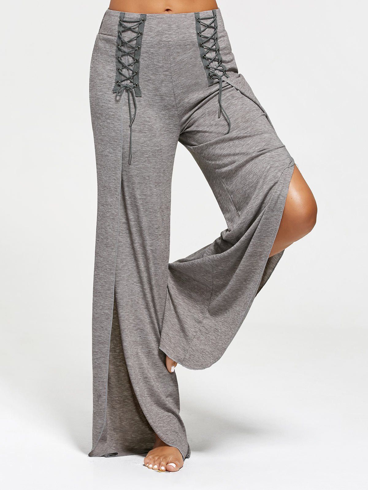 

Lace Ups Embellished High Slit Palazzo Pants, Gray