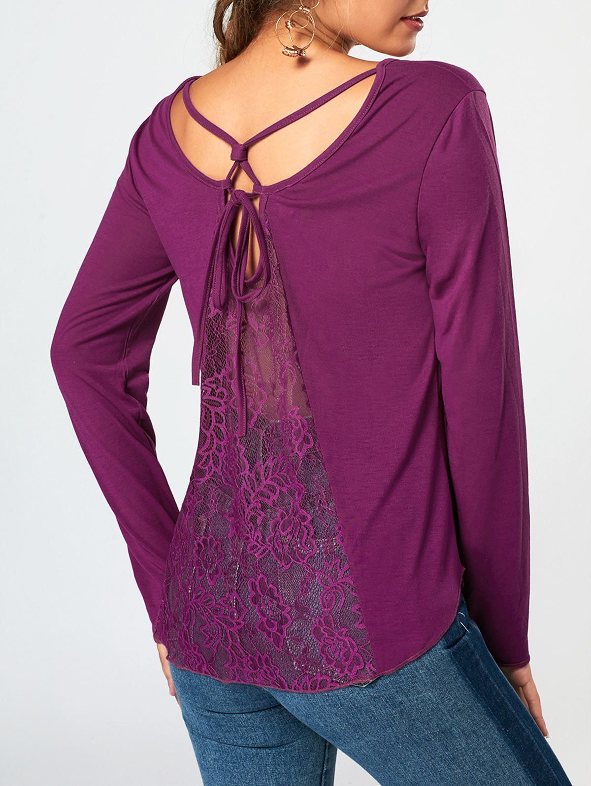 

Cross Strappy Lace Back Long Sleeve T-shirt, Purple