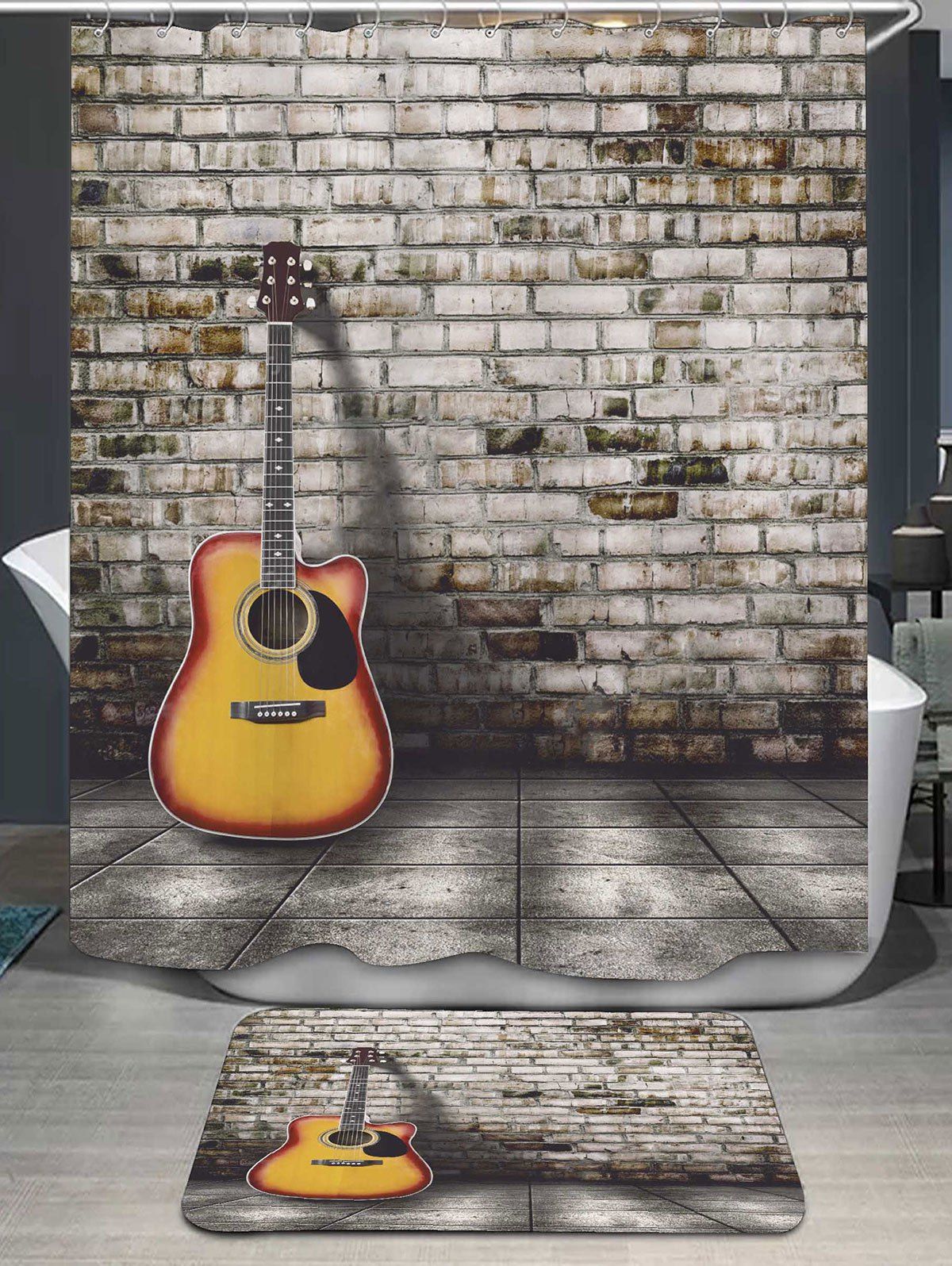 Gray Brick Wall Guitar Shower Curtain And Bath Rug Rosegal Com Outfit Brick Wall Guitar Shower Curtain And Bath Rug
