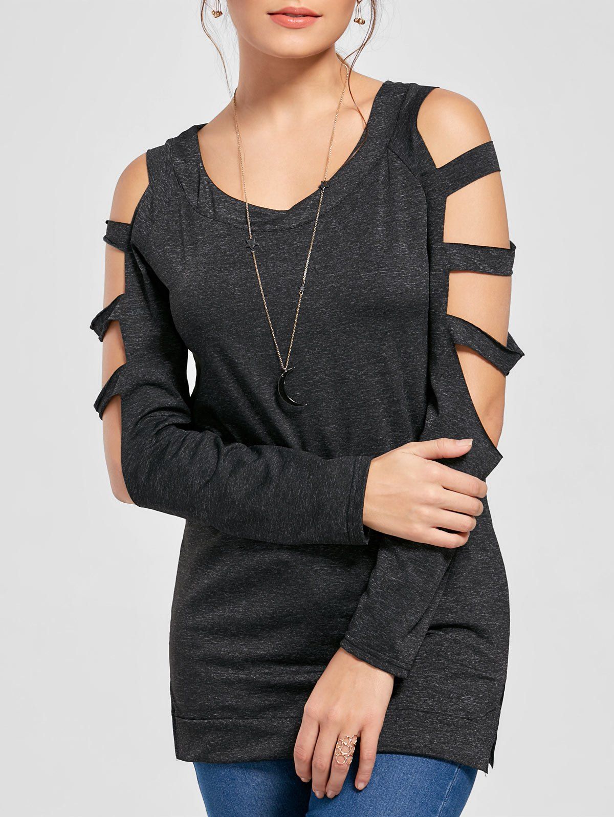 [27 OFF] Ladder Cutout Heather Long Sleeve Top Rosegal