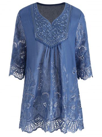 2018 Plus Size V Neck Embroidered Tunic Top In Cadetblue 3xl | Rosegal.com