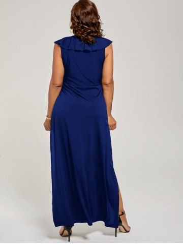 

Plus Size Flounce Lace Up Maxi High Slit Dress, Deep blue