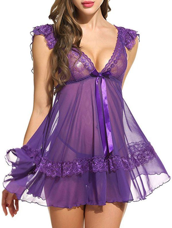 

Plunging Neck See Through Swing Babydoll, Purple