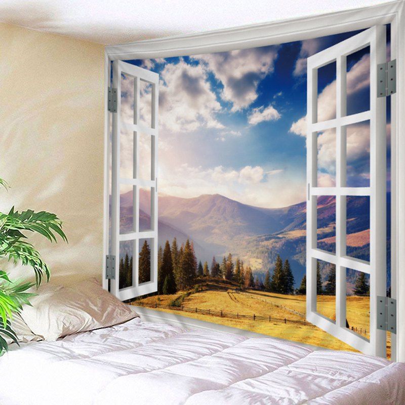 [25% OFF] Window Mountain View Print Tapestry Wall Hanging Art ...