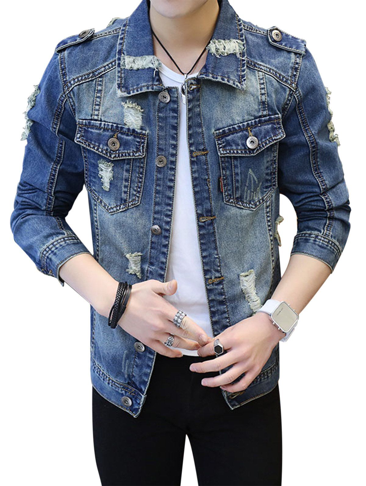 [16% OFF] Pockets Epaulet Design Ripped Denim Jacket | Rosegal