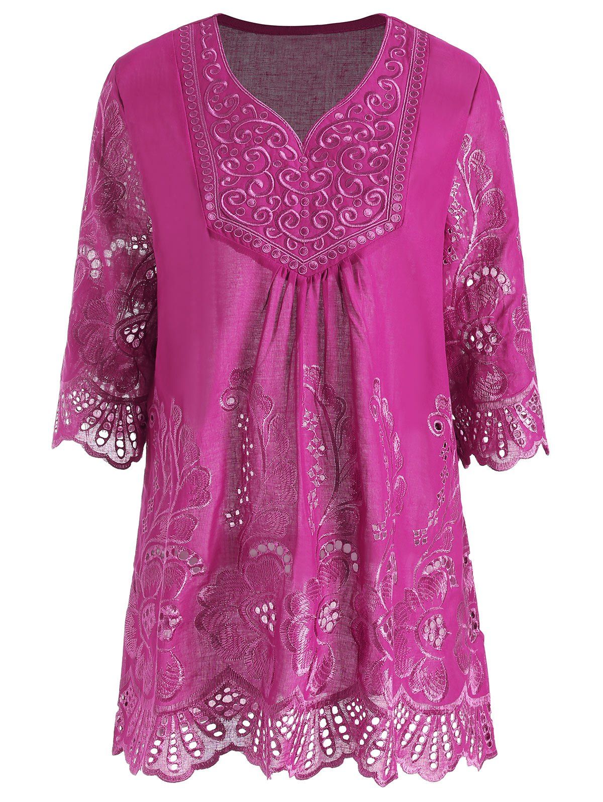 

Plus Size V Neck Embroidered Tunic Top, Rose madder