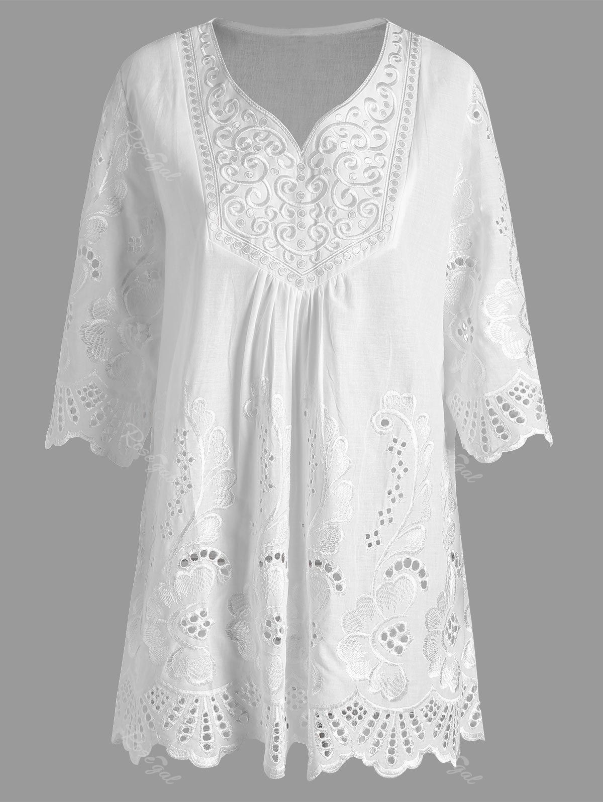 

Plus Size V Neck Embroidered Tunic Top, White