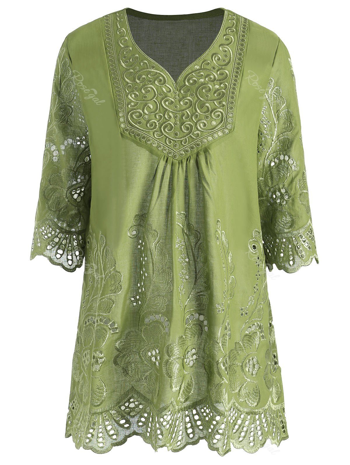 

Plus Size V Neck Embroidered Tunic Top, Green