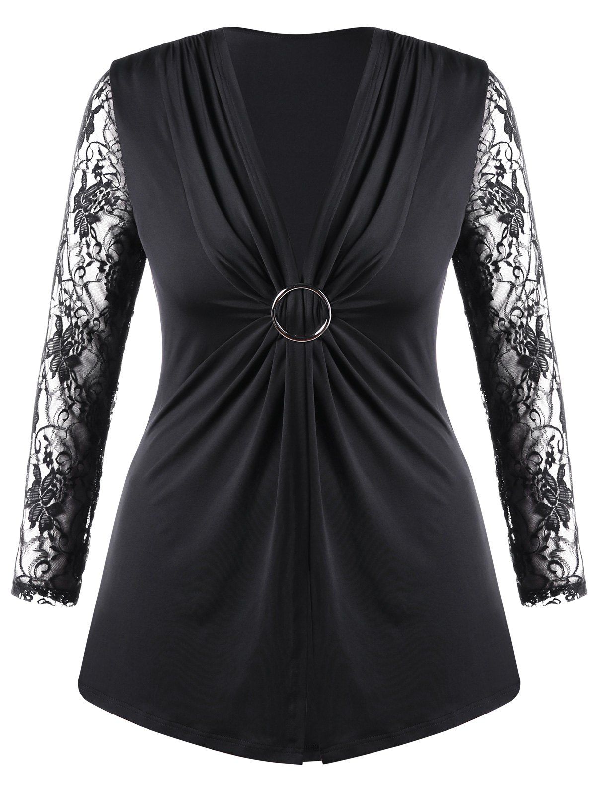 

Plus Size Lace Trim Twist Front Top, Black