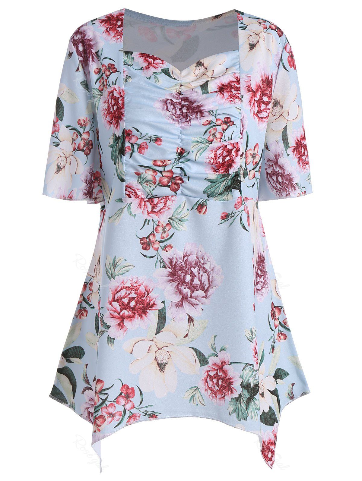 

Asymmetrical Plus Size Floral Top, Light blue