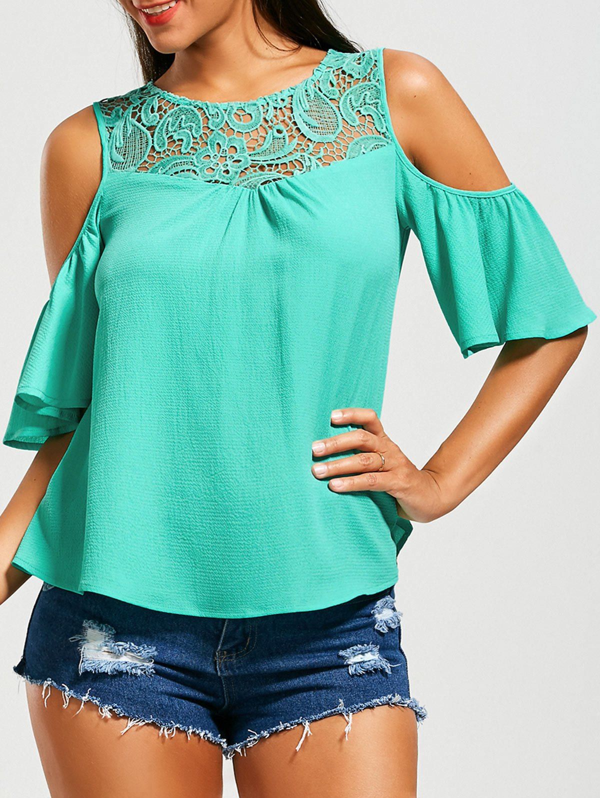 

Cold Shoulder Flared Sleeve Lace Insert Blouse, Clover