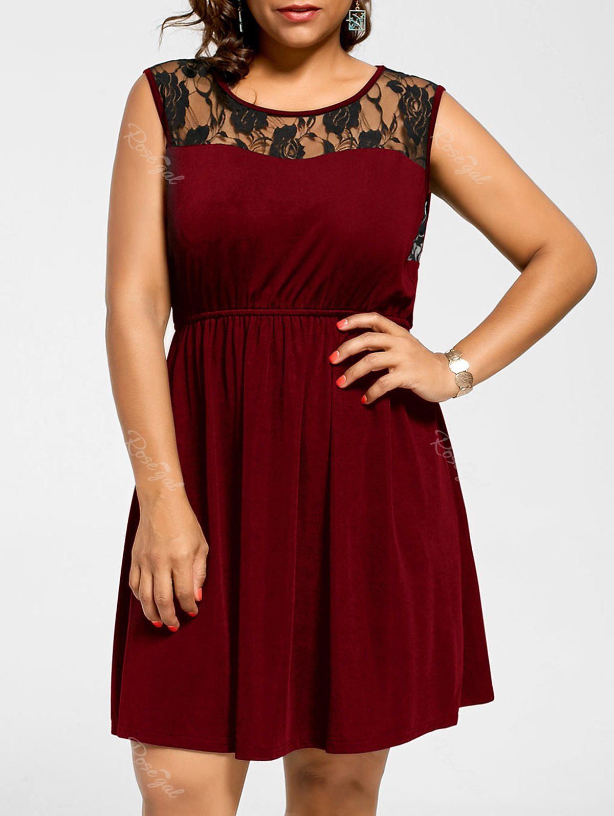 

Sleeveless Plus Size Lace Yoke Skater Dress, Wine red