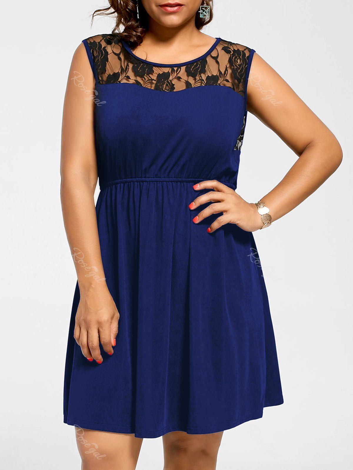 

Sleeveless Plus Size Lace Yoke Skater Dress, Blue