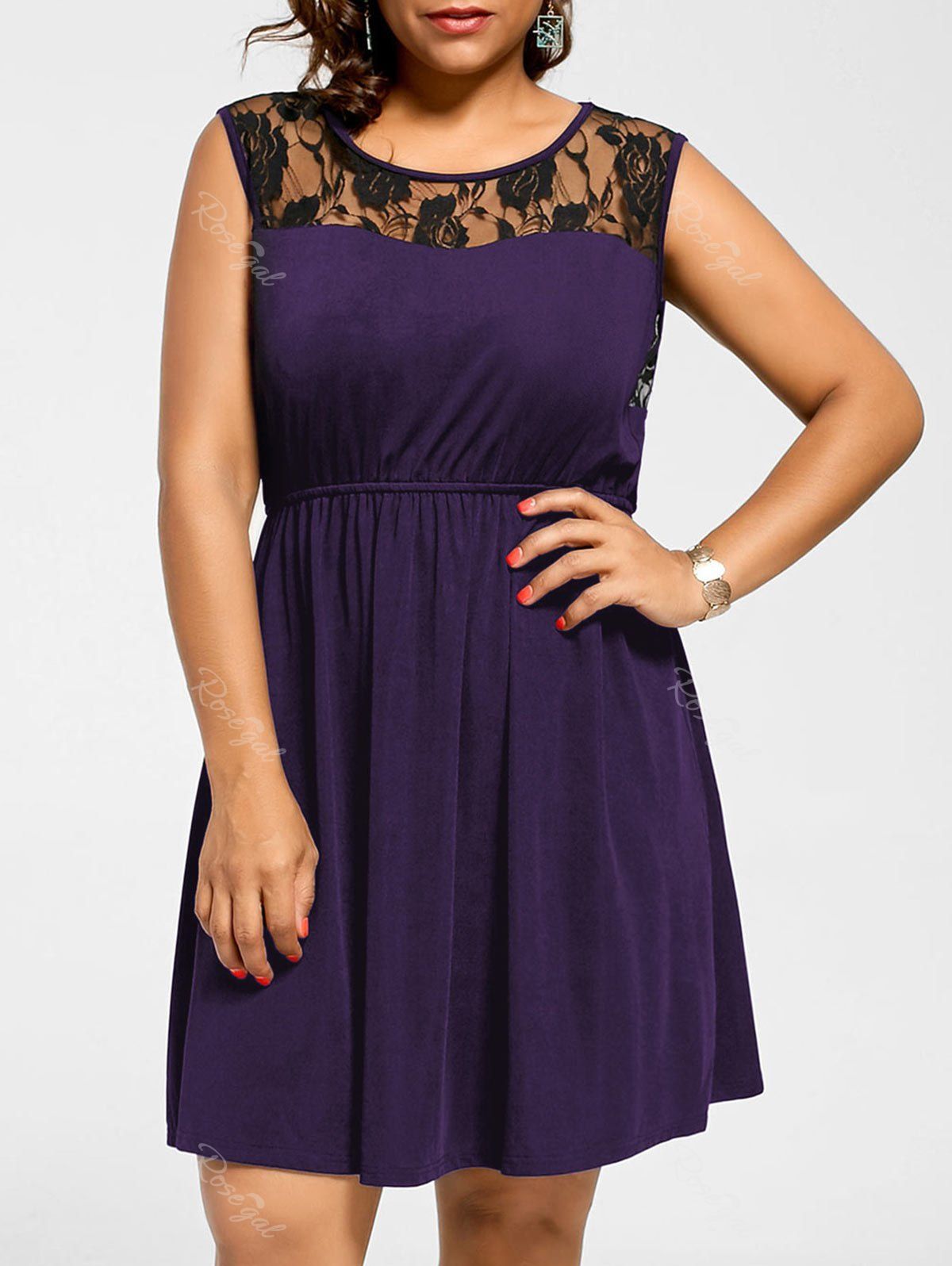 

Sleeveless Plus Size Lace Yoke Skater Dress, Purple