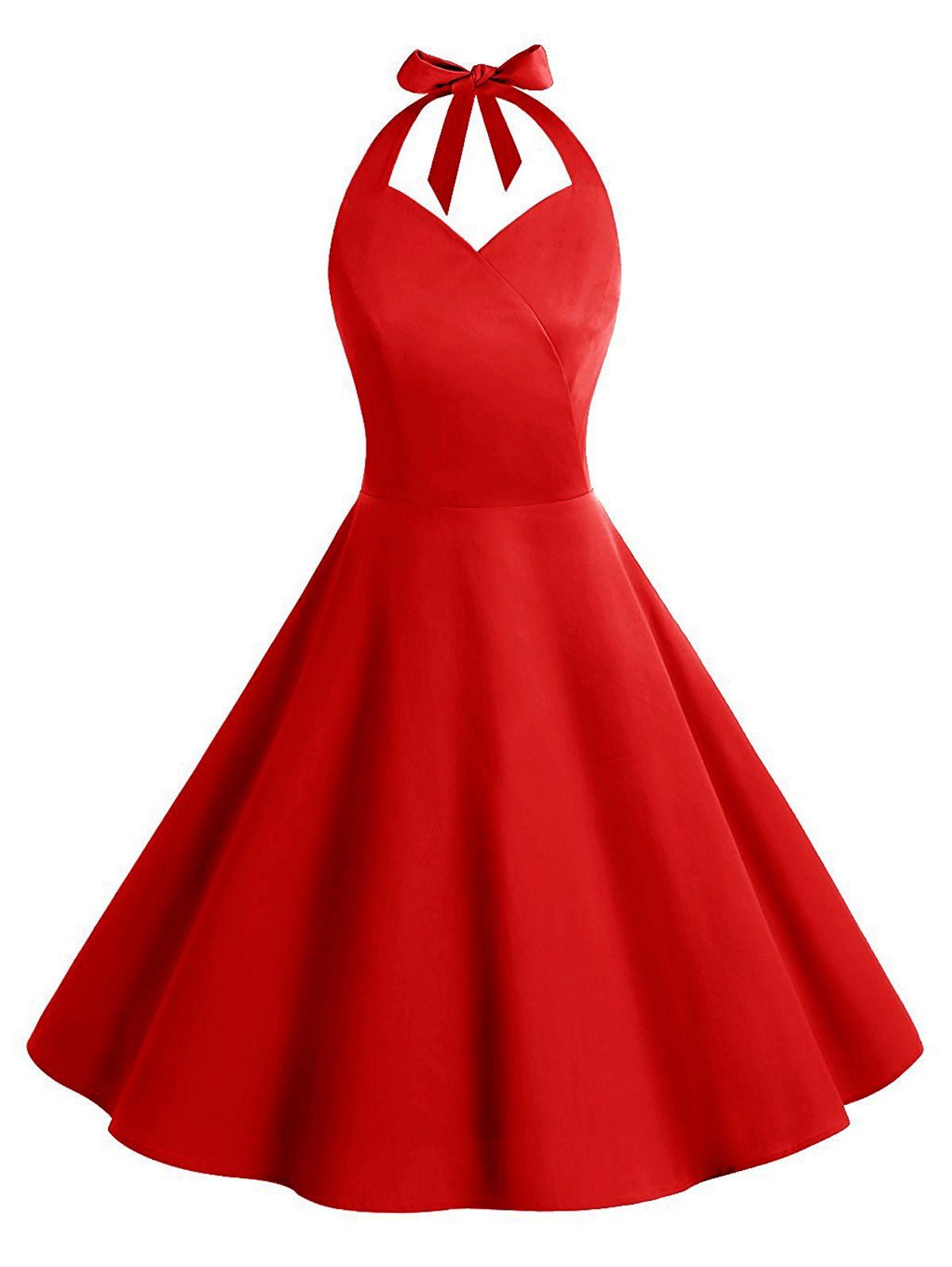 

Vintage Backless Halter Skater Party Dress, Red