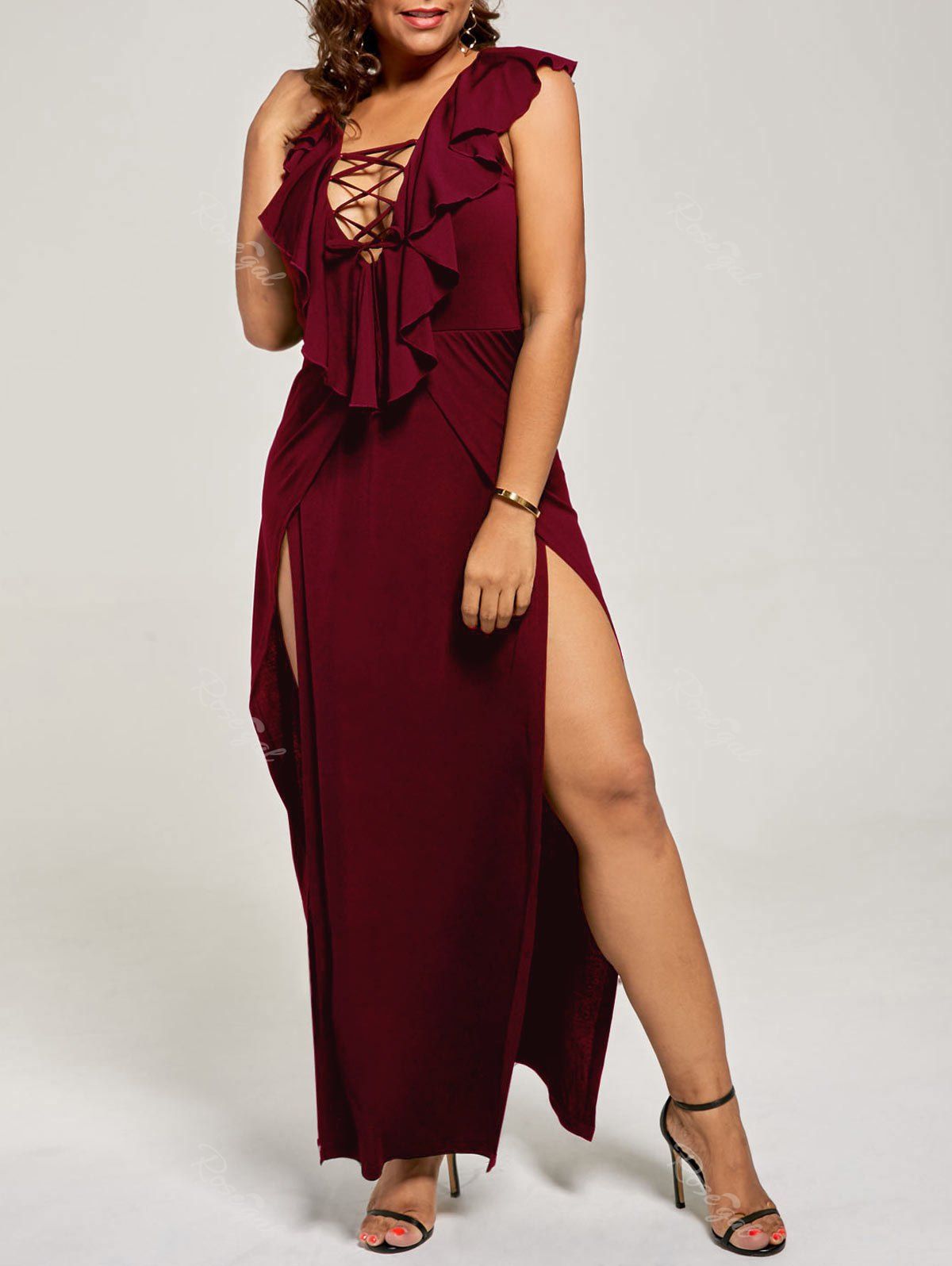 

Plus Size Flounce Lace Up Maxi High Slit Dress, Wine red