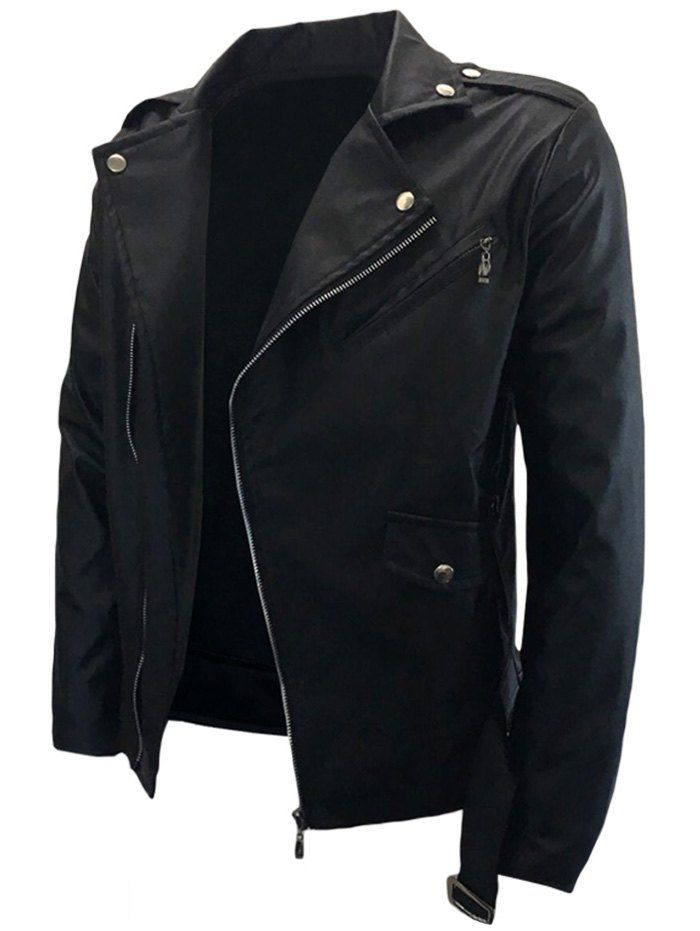 

Asymmetrical Zip Belted PU Leather Biker Jacket, Black
