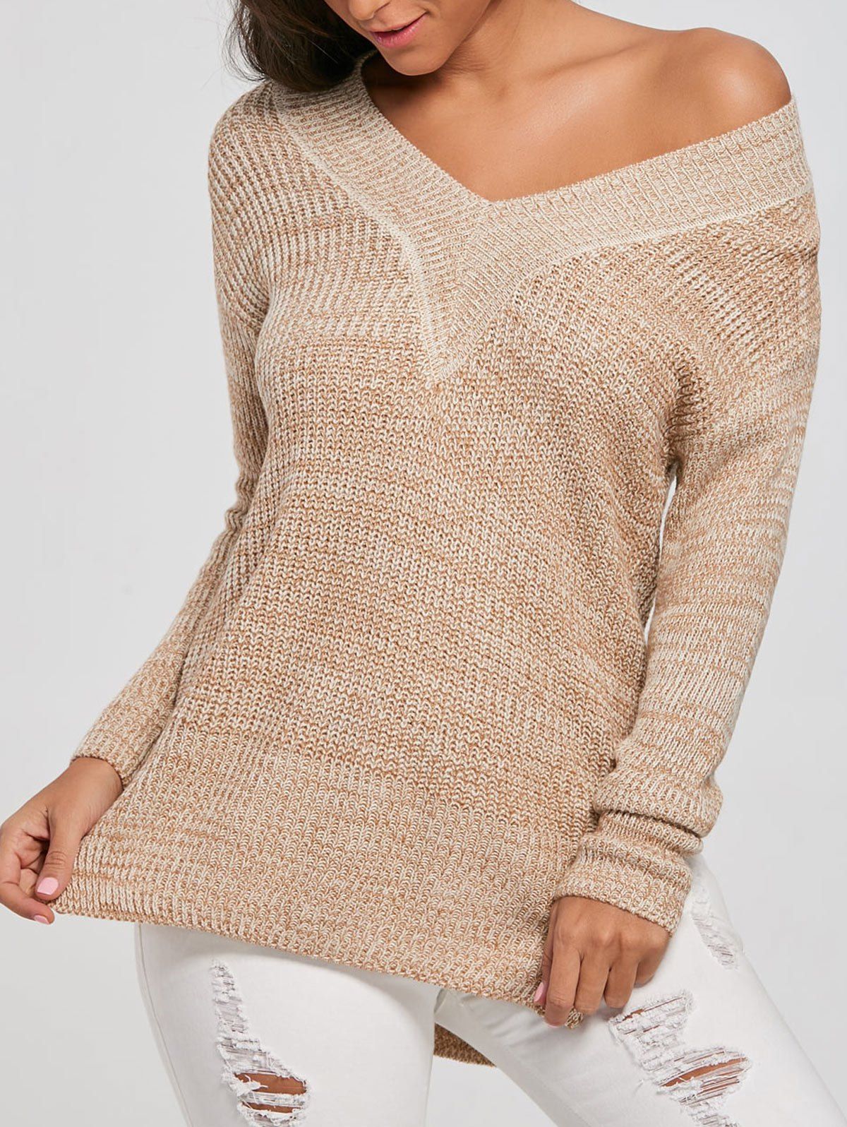 

V Neck Knit Long Sweater, Khaki