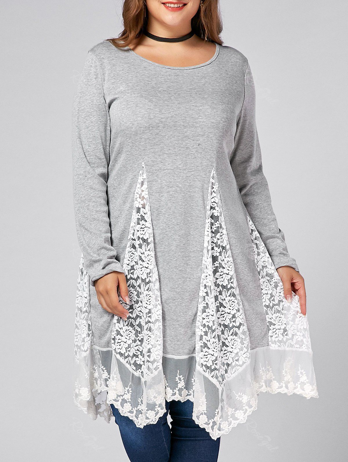 Gray 2xl Plus Size Lace Trim Swing Long Sleeve T Shirts