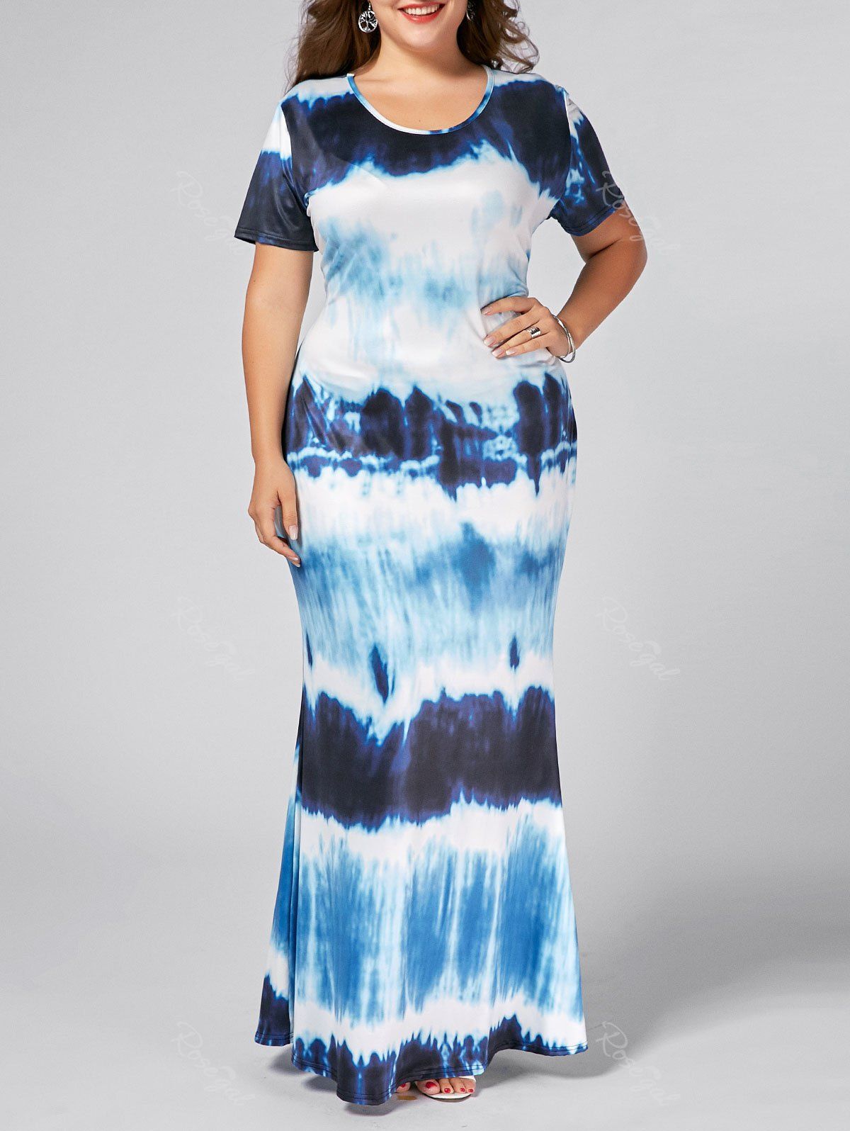 

Plus Size Tie Dyed Maxi Tee Shirt Dress, Deep blue