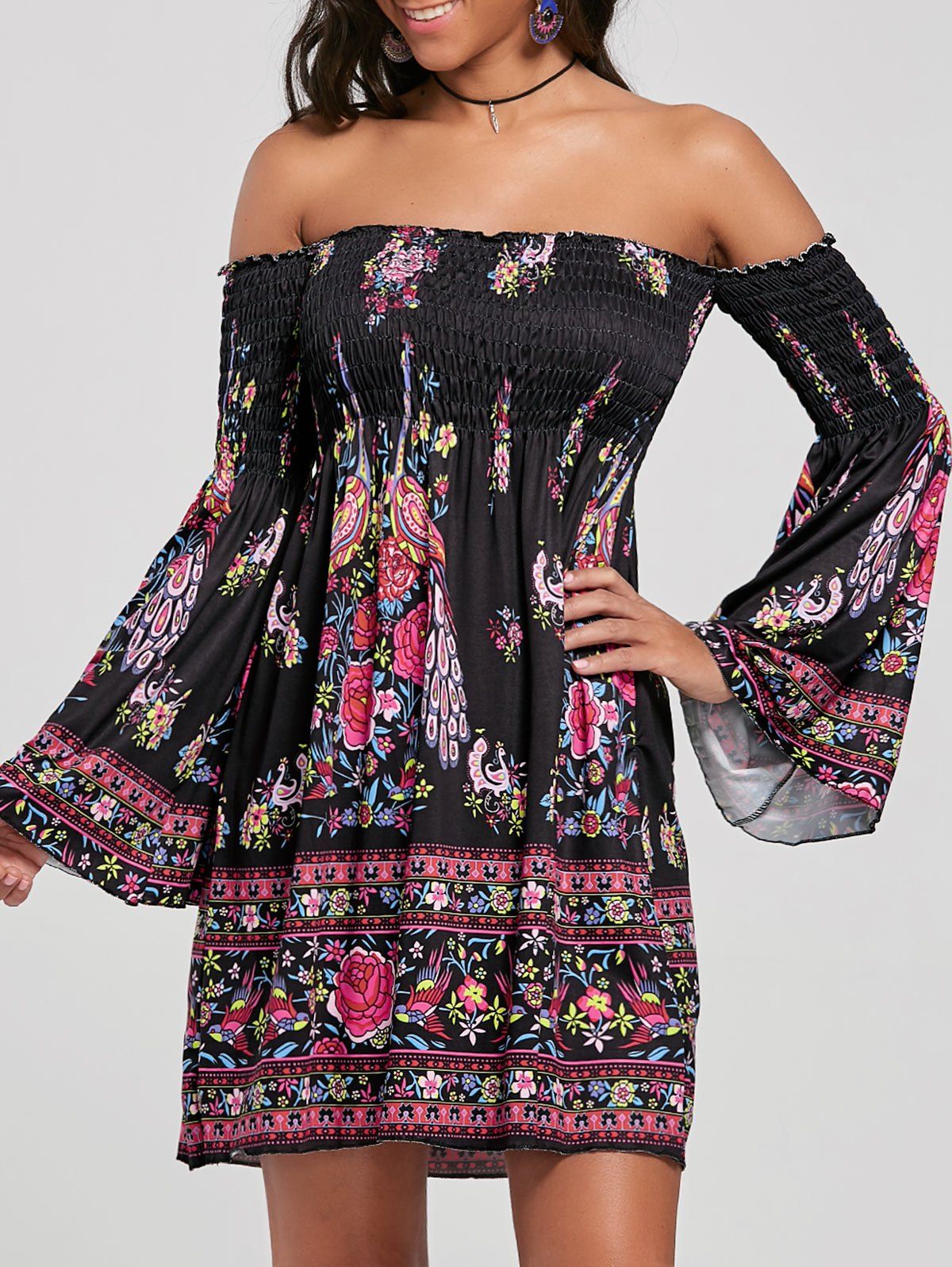 

Off The Shoulder Flare Sleeve Bohemian Dress, Black
